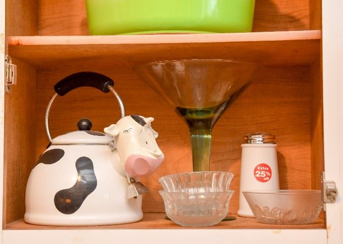 Cow Tea Kettle, Glass Bowls, Large Martini Glass, Condiment Shaker