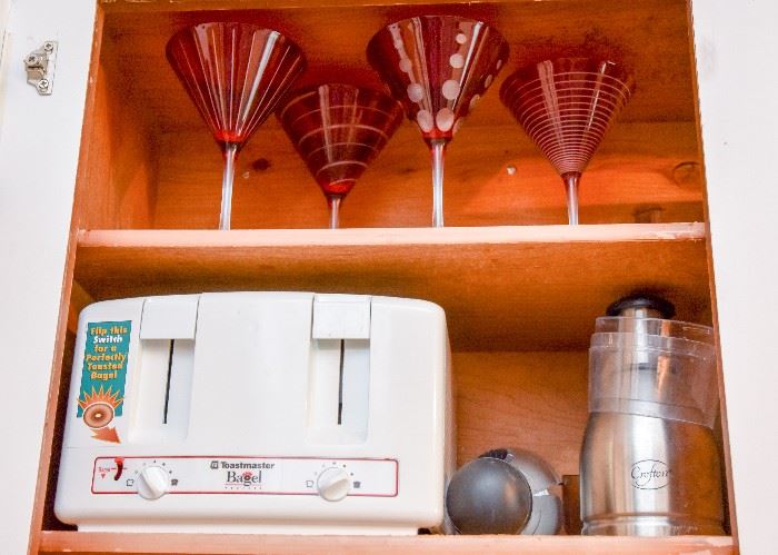 Red Glass Martini Glasses, Toaster, Food Chopper