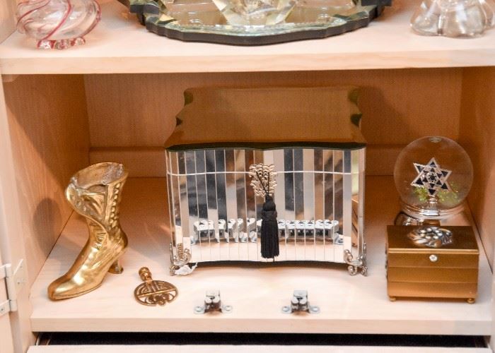 Brass Woman's Boot Figurine, Mirrored Jewelry Box, Brass Trinket Box, Etc.
