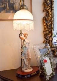 Figural Lady with Peacock Table Lamp / Beaded Shade