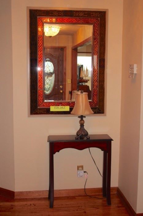 Large Decorative Framed Mirror with Small Table & Lamp