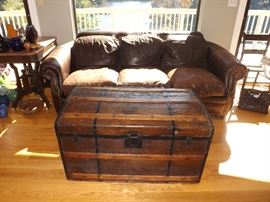 Leather Couch, Antique Table & Antique Trunk
