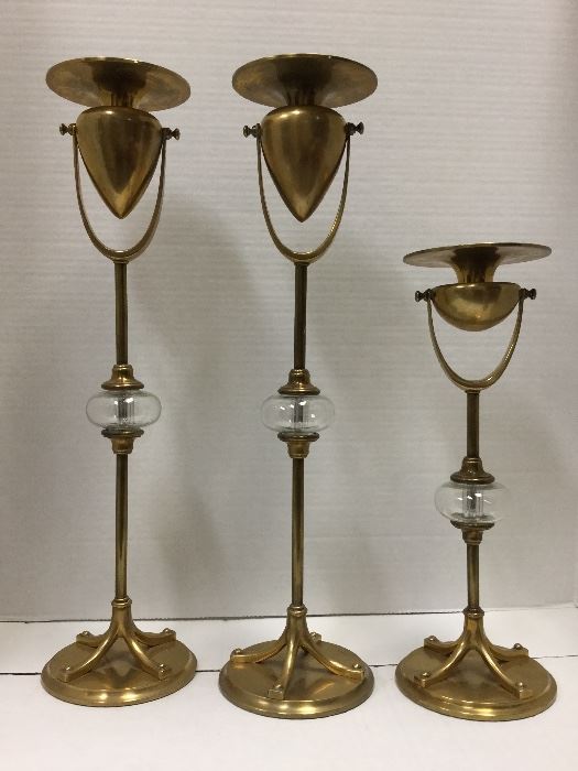 3 Chapman antique bronze candlesticks with glass globes 19”, 18 3/4, 13 1/2