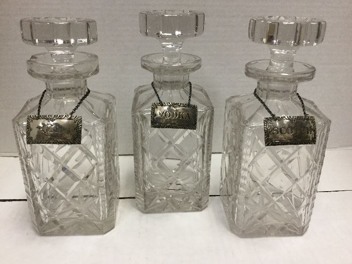 3 Crystal Decanters With Williamsburg sterling Gin, Vodka and Scotch Tags 9”