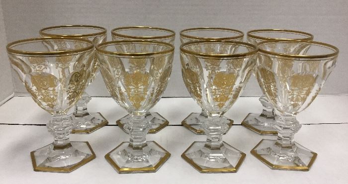 8 Baccarat Empire Pattern Gold Embossed Wine Glasses 5.25” tall