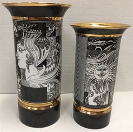 Pair of Sun and Moon Motif  BlacArt Deco Black, White and Gold Vases marked Hollohazza Hungary 1831 10”, 12”