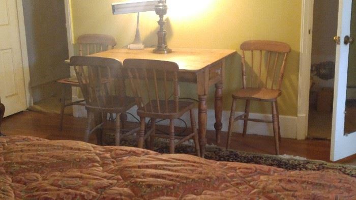 Primitive handmade drop leaf pine table and 4 Pine chairs
