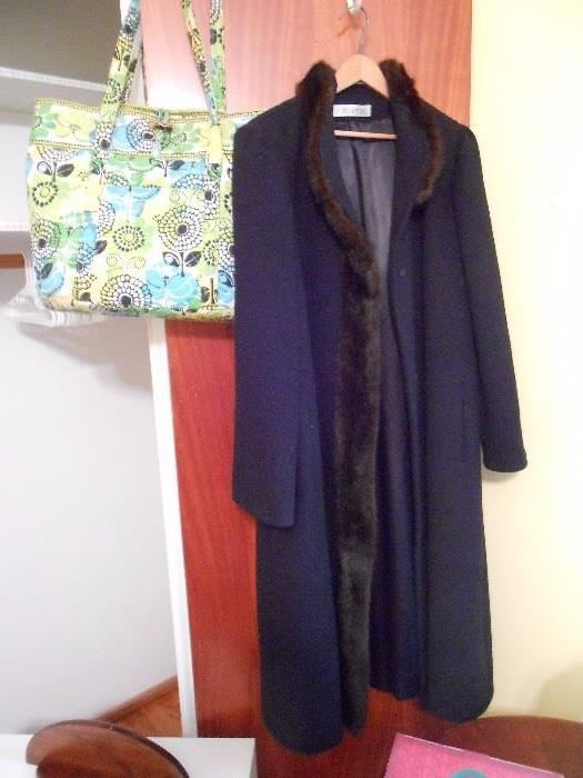 Fur collar and down front of wool coat