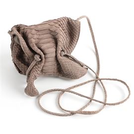 Carlos Falchi Grey Sueded Python Bag: A Carlos Falchi grey sueded python bag. This bag has a thin shoulder strap and a fold over flap with a drawstring closure. It has a grey and tan pebbled leather interior with a black “Carlos Falchi” label.