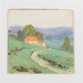Attributed to William A. Eyden Jr. Landscape Painting on Board: An original oil painting on paper board attributed to listed Indiana landscape painter William A. Eyden Jr. (1893-1982). This expressionistic landscape depicts a path leading to a solitary home with an out building on a rolling Midwestern hillside. The work is attributed to Eyden on the verso, claiming to be from the family’s estate in Carmel, IN. It is presented unframed.