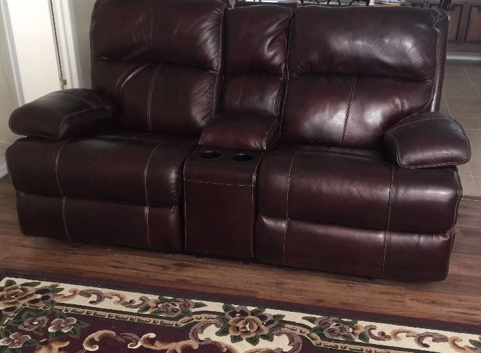Ashley Blended Leather Loveseat w Beverage Holder Electric Recliner