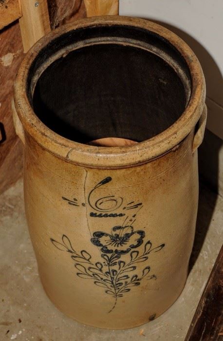 DECORATED BUTTER CHURN WITH OLD WIRE REPAIR