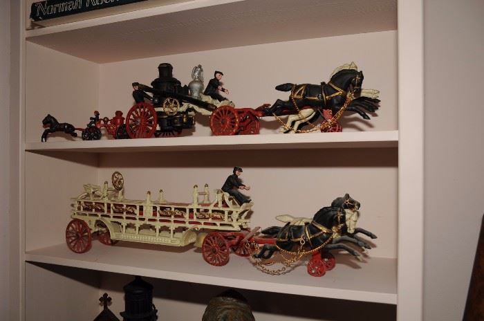 VINTAGE [1950's] LARGE CAST IRON HORSE DRAWN FIRE  ENGINES TOYS