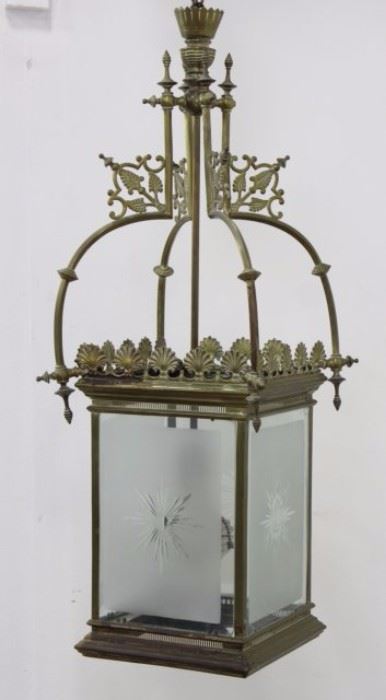 Lot 161: Brass Lantern with Frosted & Etched Shades