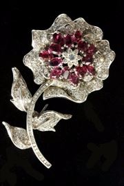 Lot 211: 14K White Gold Diamond & Ruby Floral Pin