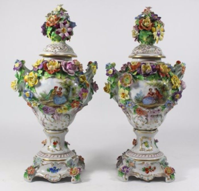 Lot 306: Pair Dresden Floral Covered Urns