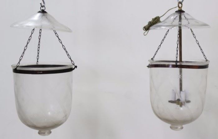 Lot 359: Pair Etched Glass Bell Lanterns
