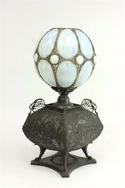 Lot 464: Victorian Brass & Opaline Glass Lamp