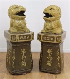Lot 511: Pair Large Ceramic Foo Dogs on Pedestals