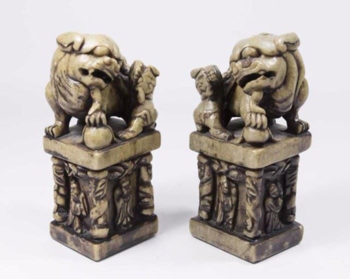 Lot 589: Pair Carved Chinese Soapstone Foo Dogs