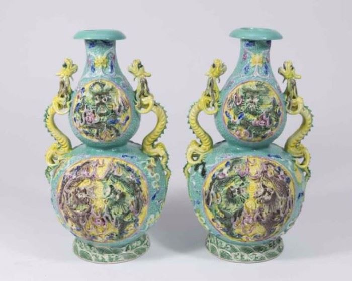Lot 590: Pair Chinese Ornate Dragon Porcelain Vases