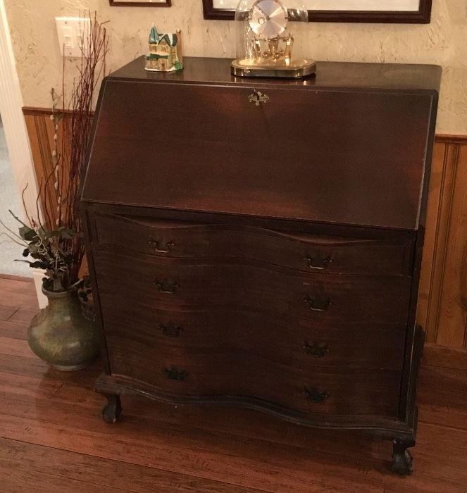 OLD ANTIQUE SECRETARY DESK WITH CLOCK. HAS KEY FOR CLOCK AND DESK. 