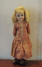 Antique Doll With Porcelain Face and Gingham Dress