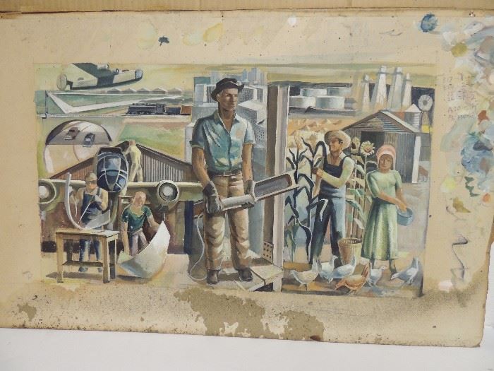 Julius Woeltz Original Watercolor on Paper - Industrial & Farm Works - Unsigned