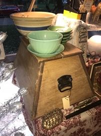 Old Wooden Train Step Trunk ~ Vintage Anchor Hocking Jadite Green Swirl Mixing Bowl