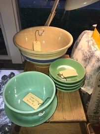 Vintage Anchor Hocking Jadite Green Swirl Mixing Bowl And Dish ~ Old Watt Ware Yellow Ware Blue Banded Mixing Bowl ~ Hall Jadite Green Bowls