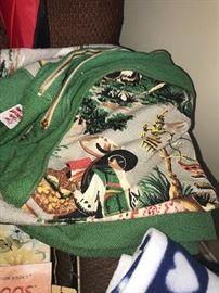 Vintage Asian Theme Barkcloth Chair Cover Set