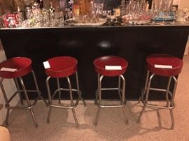 Vintage 1950's Red Vinyl And Chrome Bar Stools ~ Four Available
