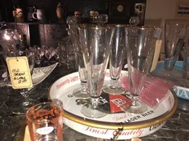 Vintage Mi Century Atomic Pattern Pilsner Glass Set ~ Vintage Griesedieck Beer Tray