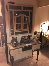 Distressed Library Table With Drawer And Matching Mirror With Shutters