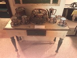 Distressed Library Table With Drawer And Matching Mirror With Shutters