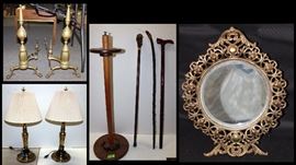 Andirons, lamps, canes, mirror
