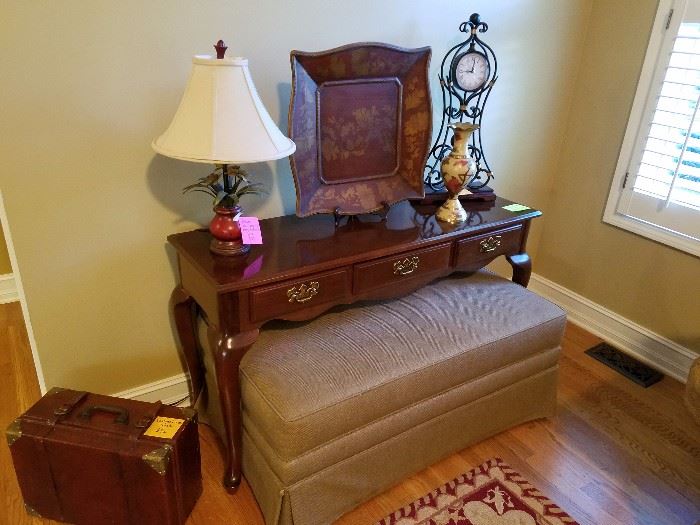 Queen Anne console table, ottoman, and accessories.