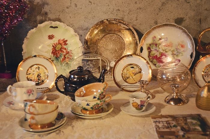 Porcelain Teapot (Japan), Cups & Saucers, Porcelain Hand-painted Plates, Silverplate Serving Platter