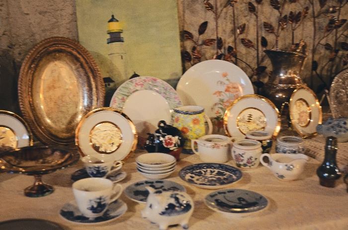 Cups & Saucers, Porcelain Hand-painted Plates, Silverplate Serving Platter, Porcelain Hand-Painted Lamps, Delft Ware