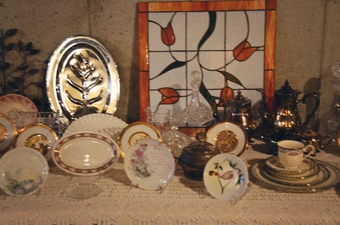 Cups & Saucers, Porcelain Hand-painted Plates, Silverplate Serving Platter, Stained Glass Square