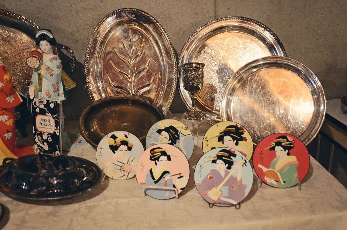 Hamilton Collection Hakata 14" "Songs of Seasons" Geisha Collection (4 Figurines), Hamilton Collector Plates "The Gentle Arts of the Geisha" (Set of 12), Silverplate Platters & Serving Pieces