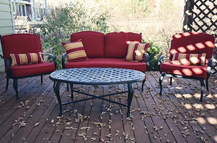 Better Homes & Gardens Wrought Iron 4 Pc Outdoor Loveseat, Armchairs and Coffee Table (with Cushions & Pillows)