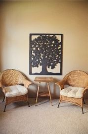 Natural wicker chairs with beading, Barley twist occasional table, Metal Tree Wall Art