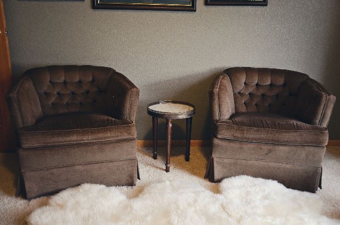Retro Brown Club Chairs, Faux Fur Rug, Vintage Side Table