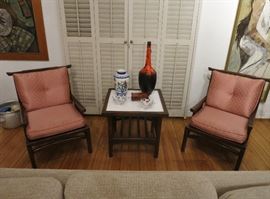 Mid-Century Asian-Style Armchairs, Coffee Table and Side Table