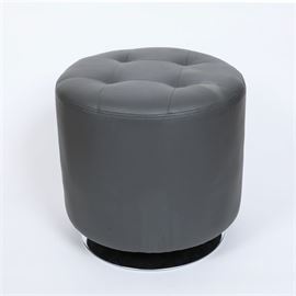 Contemporary Modern Leather Ottoman On Stainless Steel Base: A contemporary Modern leather ottoman on stainless steel base. This gray leather upholstered cylindrical ottoman has a button tufted top made of nine pieces sewn in a grid pattern within a circle with the cylindrical body resting on a conical stainless steel base. Unmarked.