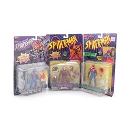 Spider-Man and Carnage Action Figures: A collection of action figures from the maker Toy Biz. This grouping contains figures of the characters Spider-Man and Carnage based on their appearances in the 1994 television series Spider-Man the animated series as well as a special collector’s edition of Spider-Man 2099 based on the comic series of the same name. The figures are mint in the packaging.