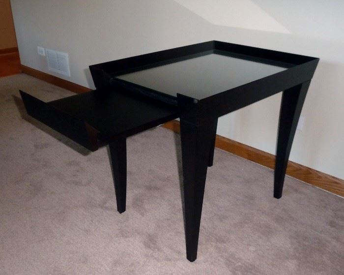 Black wood side table with glass top and   pull-out tray, by Crate & Barrel.  20" wide, 26" deep, 24" tall