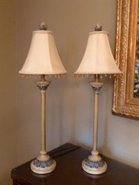 Pair of painted metal candlestick lamps with bejeweled shades, 33" tall.