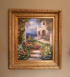 Original oil painting in wonderful gilt-gold carved wood frame.  Mediterranean seaside villa.  30" x 34"